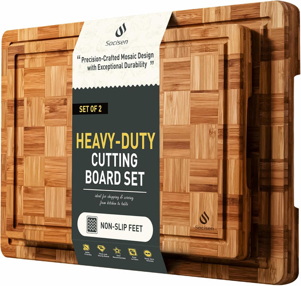 2 Pack Heavy Duty Bamboo Cutting Boards – Thick Non-Slip Over Sink Cutting Board Set, Solid End Grain Wooden Chopping Boards for Kitchen, Organic Hardwood Gift Set