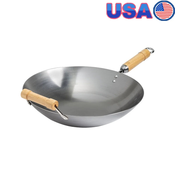 14 Inch Round Bottom Carbon Steel Wok with Birch Handles Induction Safe Non Stick Traditional Asian Cooking Essential Hand Wash