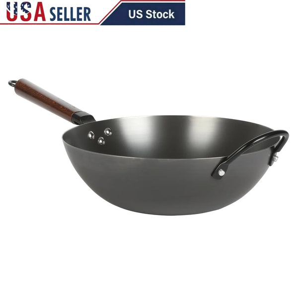 13 Inch Carbon Steel Wok Induction Safe Nonstick Heavy Gauge Kitchen Frying Pan Detachable Handle Rust Resistant Easy Cleanup
