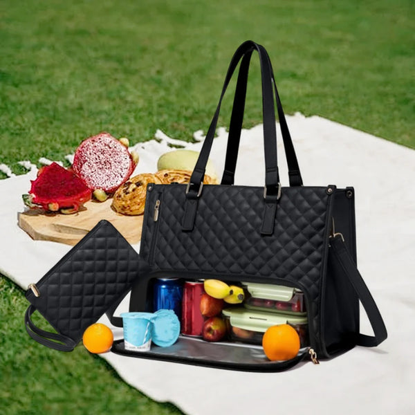 Women 2-in-1 Lunch Bag Multi-Function Business Lunch Bag Multi-Compartment Quilted Handbag with Purse for Camping Picnic
