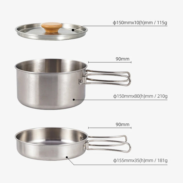 Camping Pan Portable Outdoor Pot Cooking Pan Stainless Steel Foldable Handle with Storage Bag Outdoor Hiking Cookware Kit