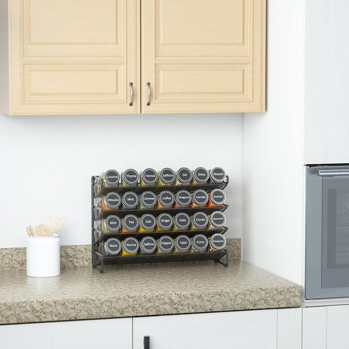 SpaceAid spice rack organizer with square glass spice jars and labels