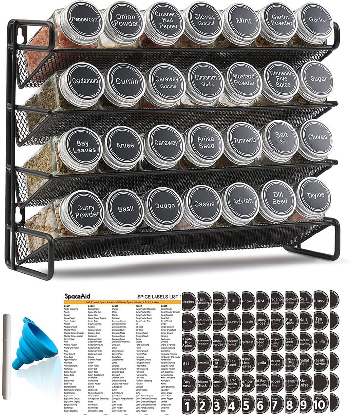 SpaceAid spice rack organizer with square glass spice jars and labels
