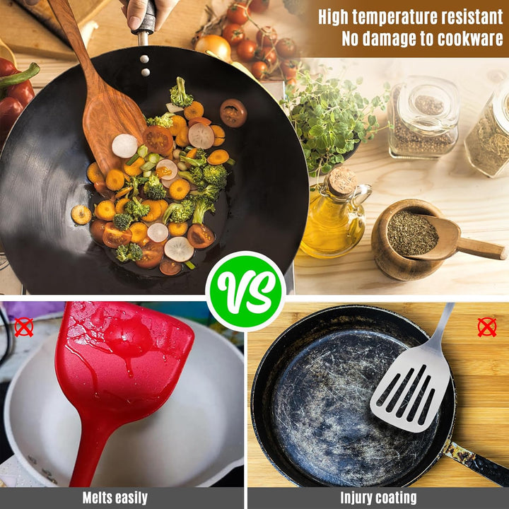 10-piece natural teak wooden cooking utensil set with spoons and spatulas