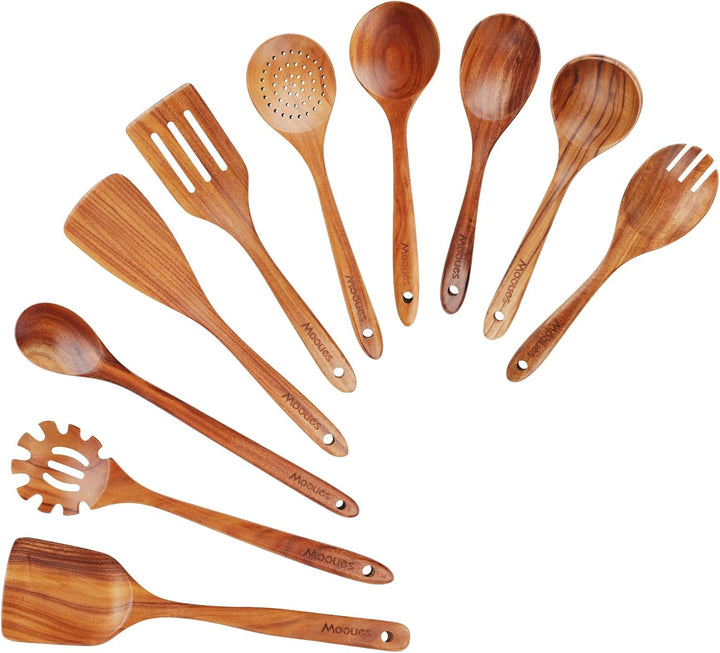 Premium wooden cooking utensils made from durable teak wood for nonstick cookware