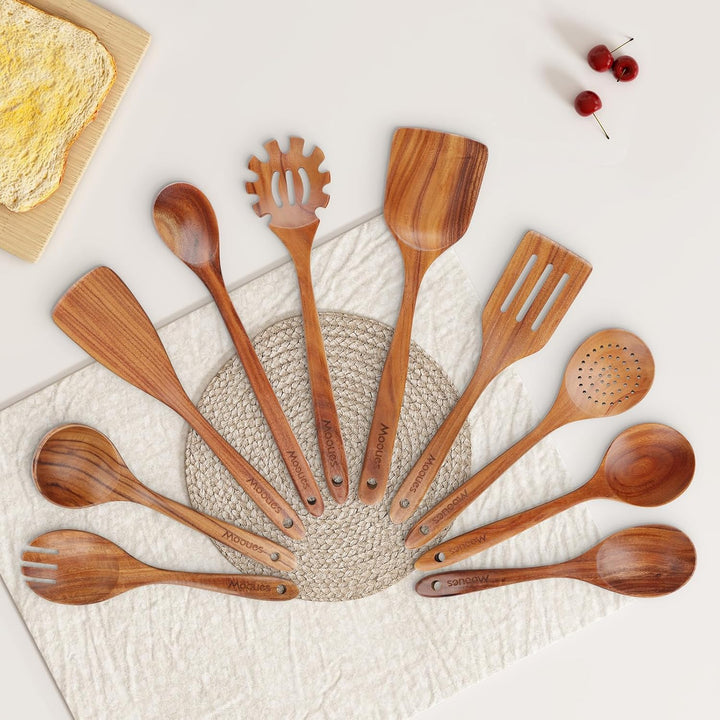 10-piece natural teak wooden cooking utensil set with spoons and spatulas