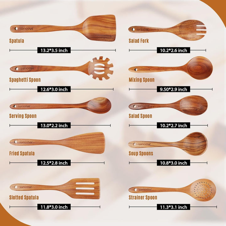 Handcrafted teak wooden utensil set including spoons, spatulas, and kitchen tools”